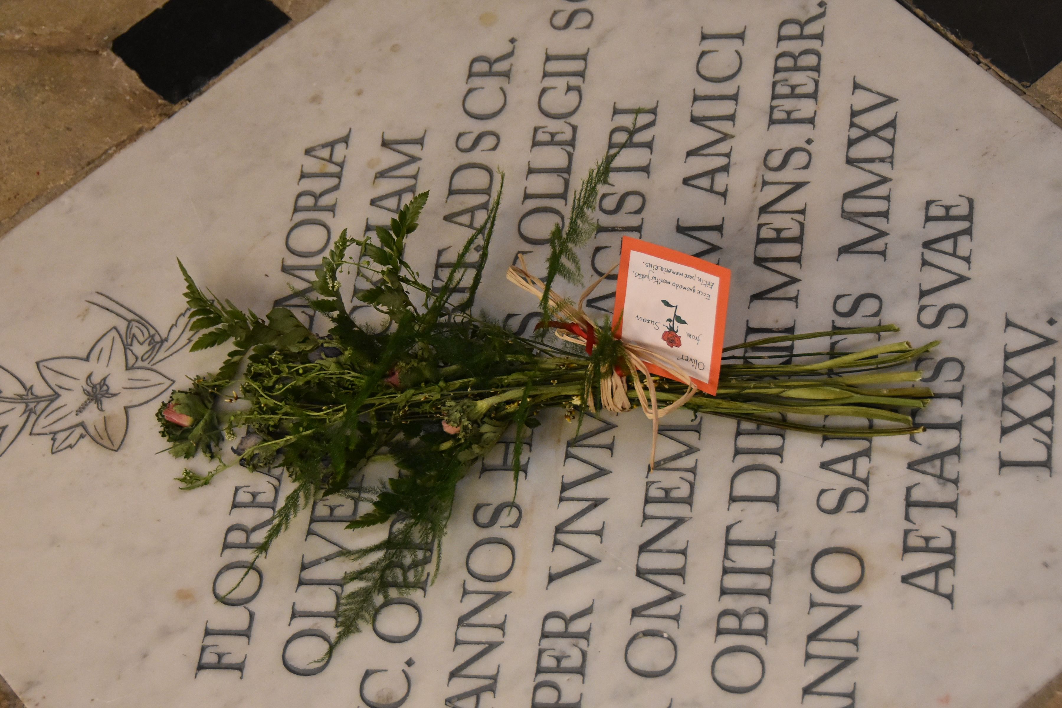 Flowers on Oliver Rackham's memorial stone in the Chapel.