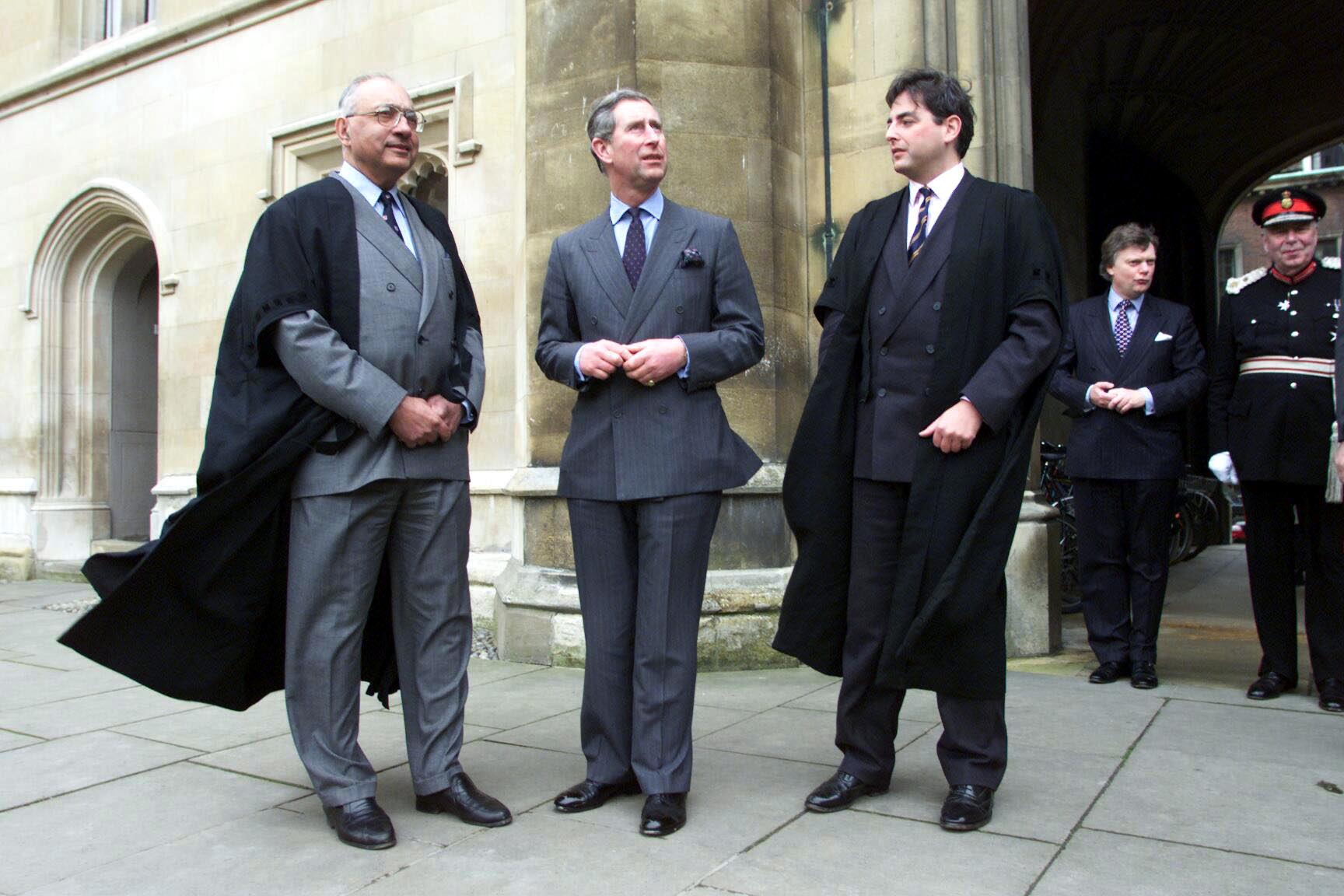 Prince Charles visiting Corpus Christi College in March 2001 with the then-Master Professor Haroon Ahmed (left) and the current Master (then Senior Tutor), Professor Christopher Kelly (right).