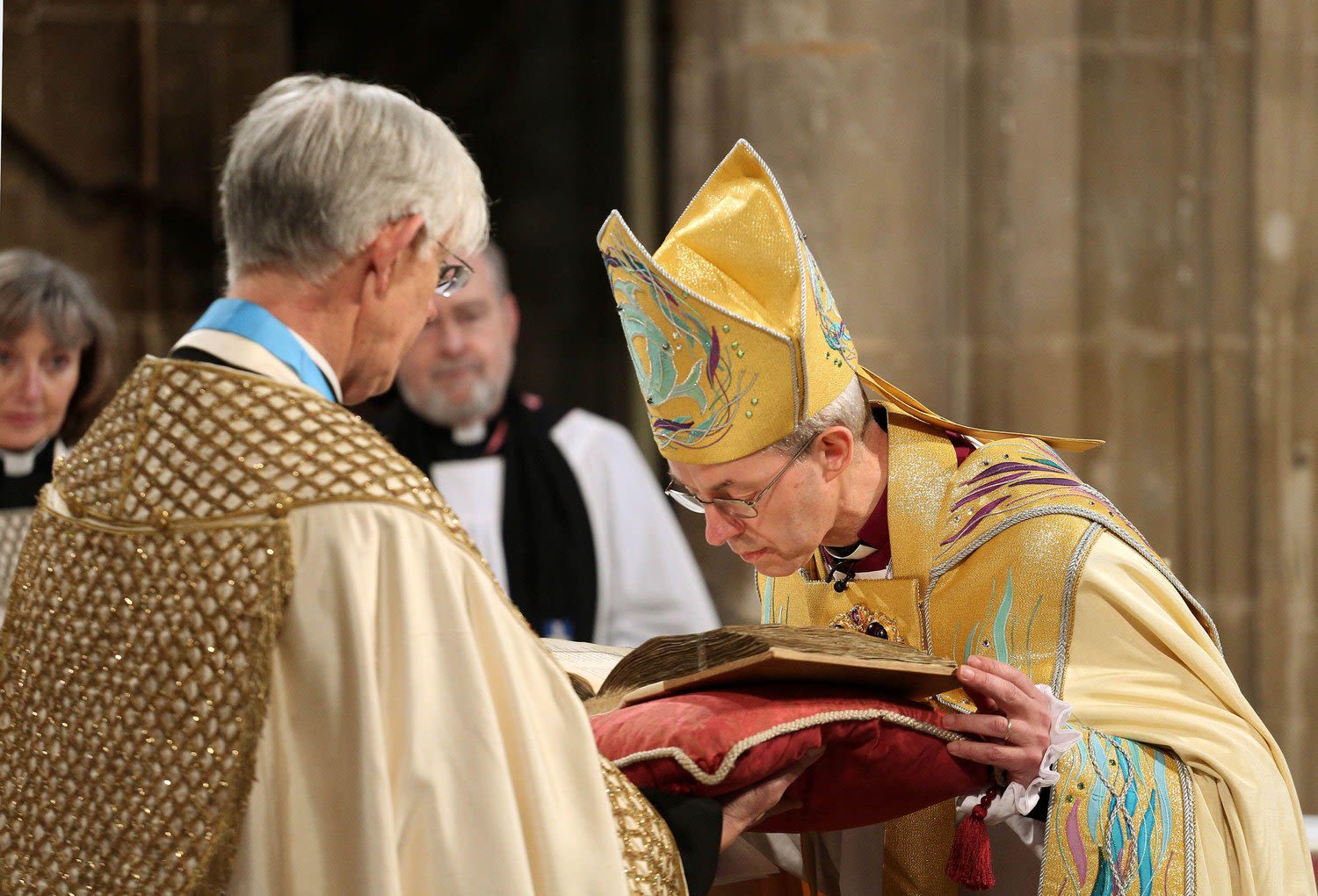 The Most Reverend Justin Welby is presented with the Augustine Gospels in March 2013 during his enthronement as 105th Archbishop of Canterbury.