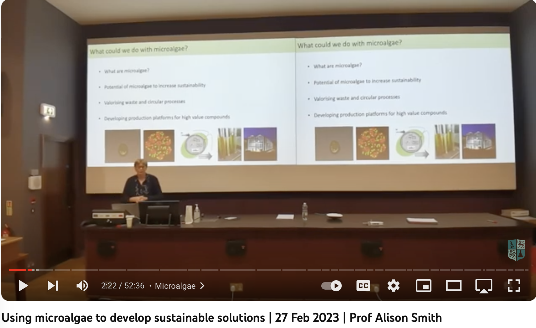 Alison discussing her work producing micro algae at the Cambridge Science Society in 2023.