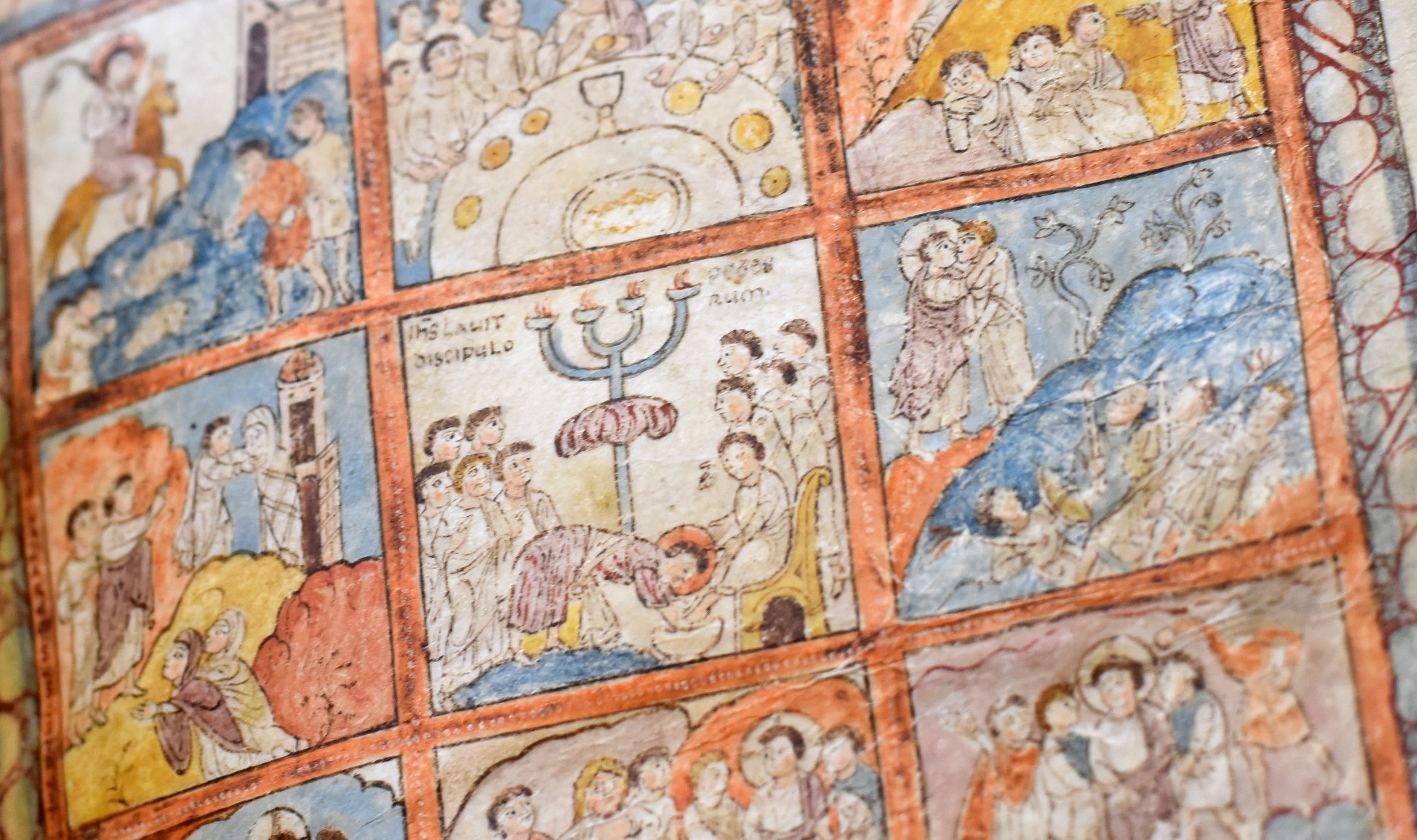 Jesus is depicted in each scene wearing a purple toga, a Roman symbol of nobility or status.