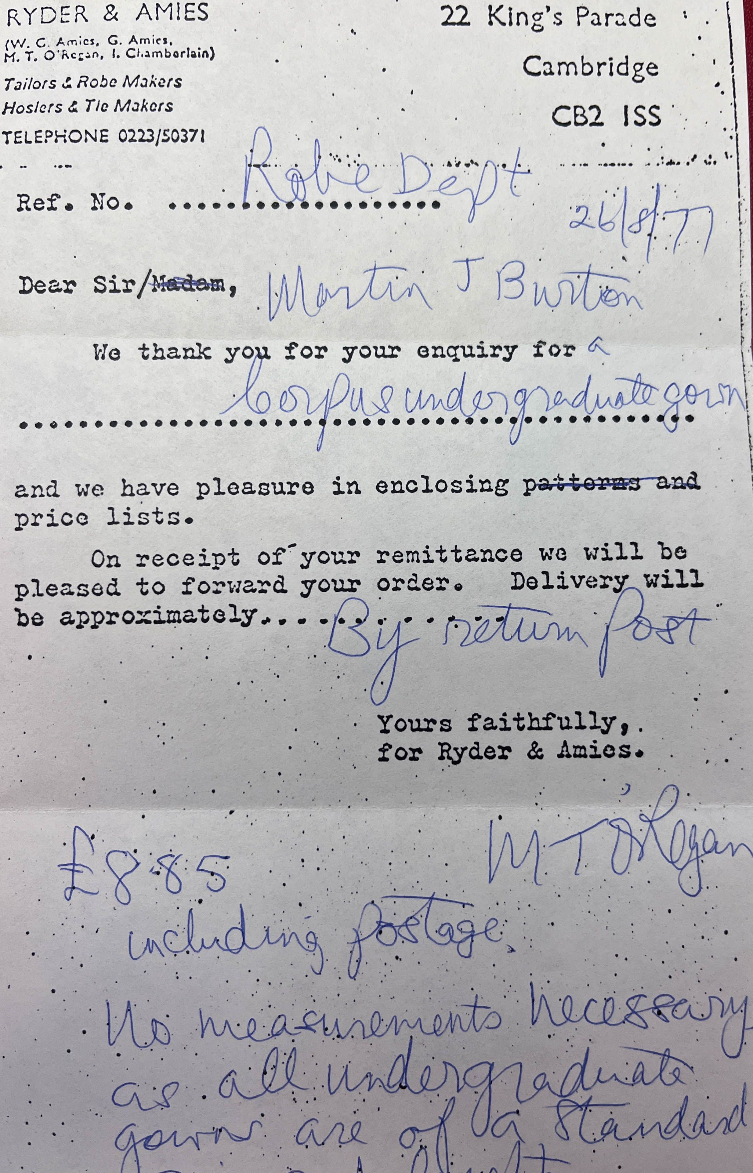 Invoice from Ryder & Amies.