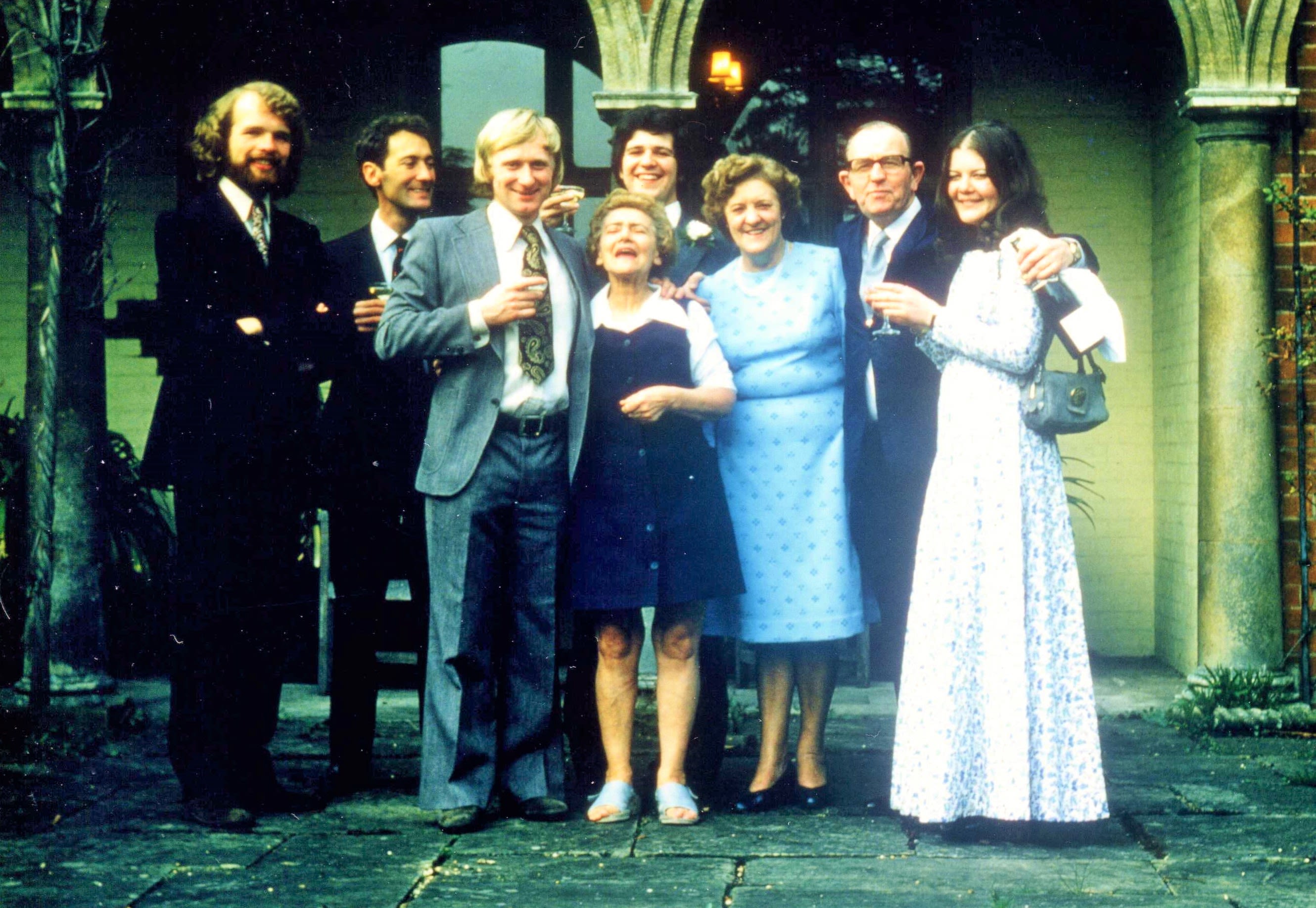 From left to right: Alex McClay, Dr Michel Waring, Ian Shaw, Lil Bagstaff, Glyn Belcher,Margaret Meggison, George Meggison, Hilary Carter (whom Ian went on to marry).