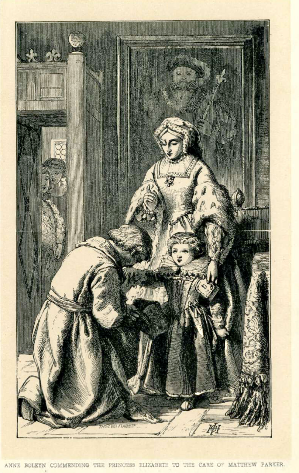 Matthew Parker kneels in front of Anne Boleyn
