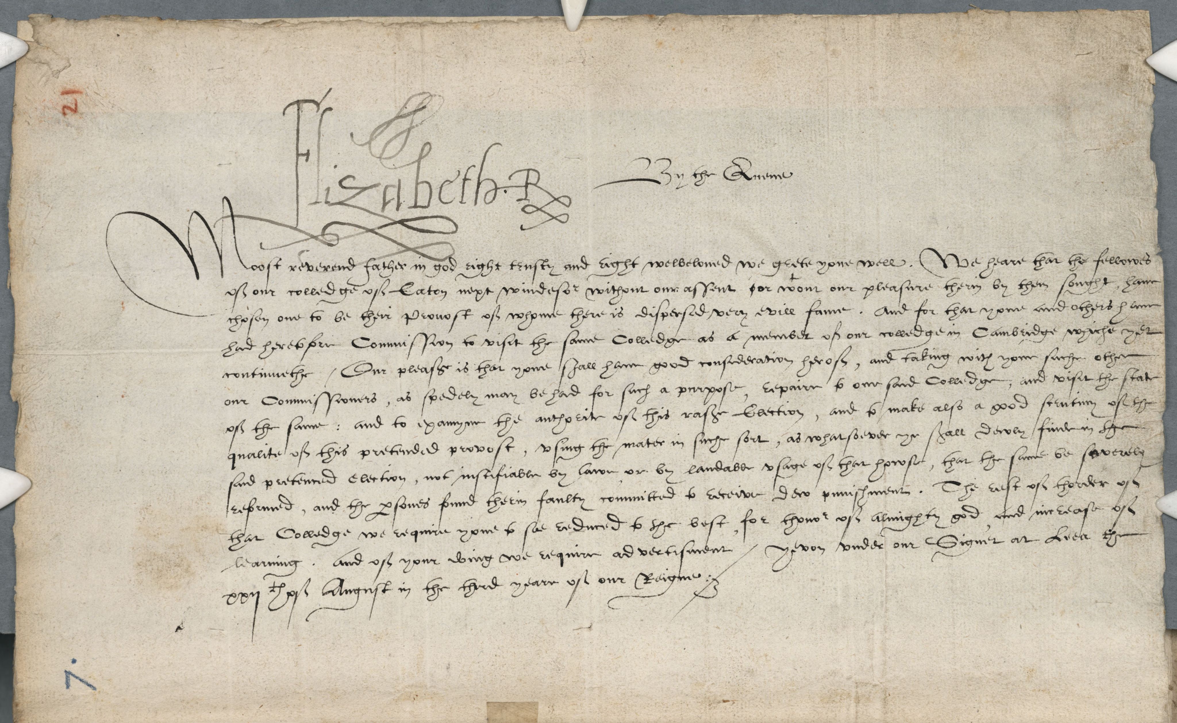 This letter from Elizabeth to Parker, with its prominent signature, offers condolences on the death of a ?cleric? along with the instruction for his replacement. (MS 114B, Matthew Parker's Correspondence.