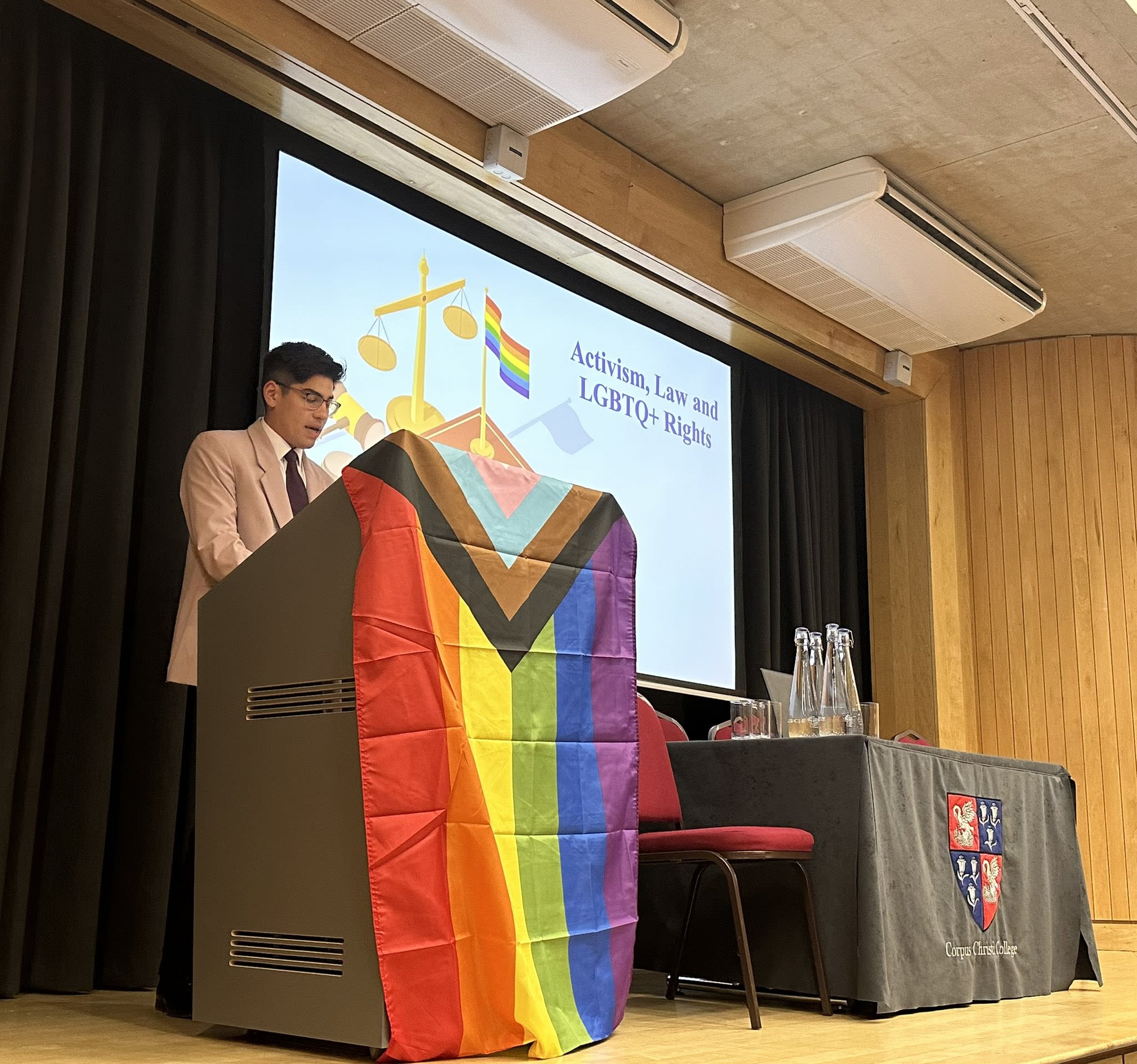 Richard speaking at Corpus during Pride in 2024.